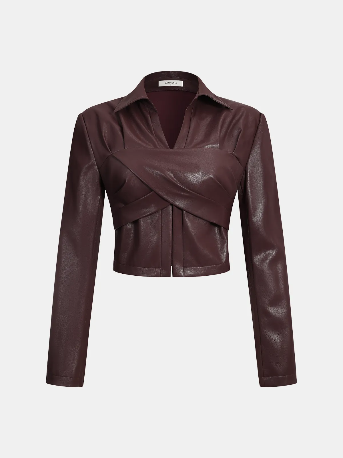 Collared Faux Leather Cropped Cross-Front Top sold by COMMENSE product image thumbnail 2