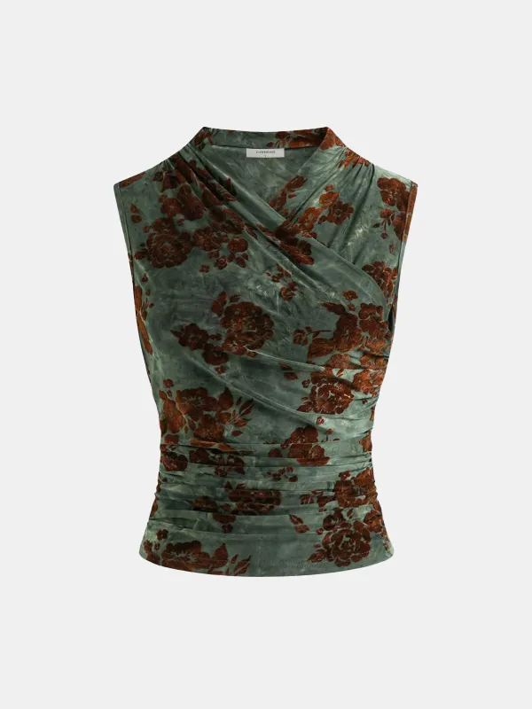 Floral Jacquard Ruched Sleeveless Top sold by COMMENSE