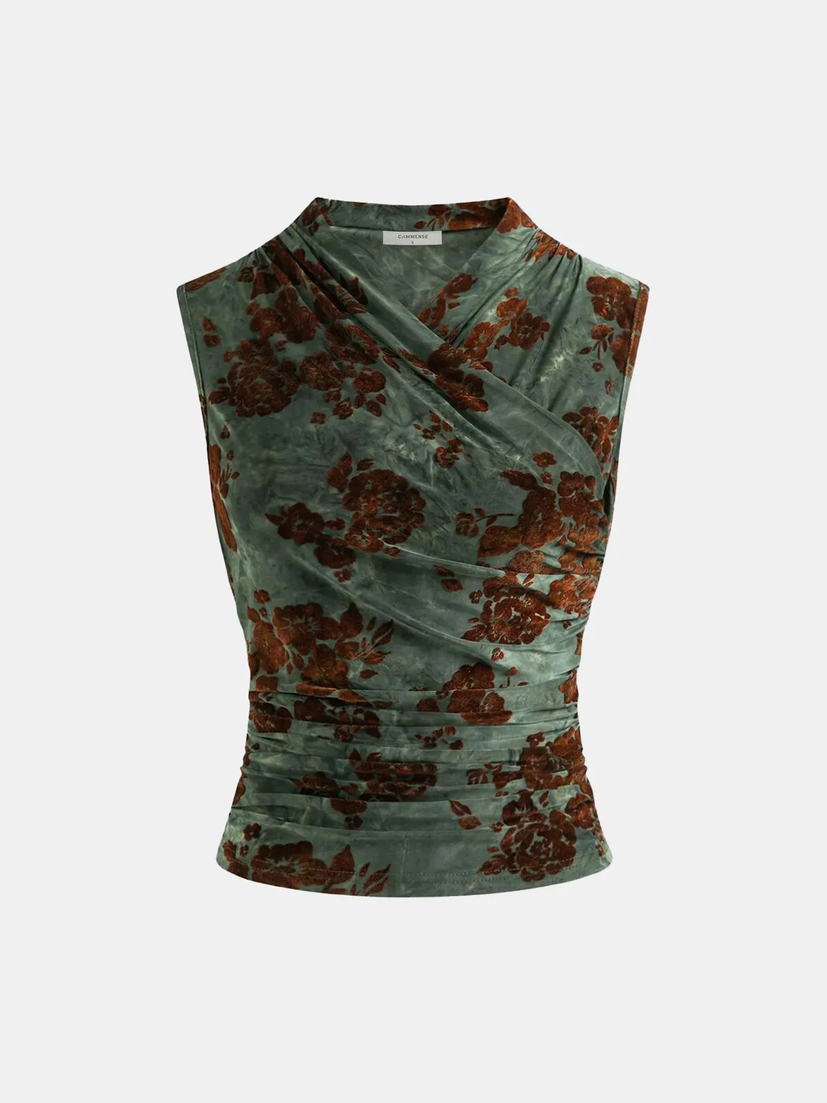 Floral Jacquard Ruched Sleeveless Top sold by COMMENSE
