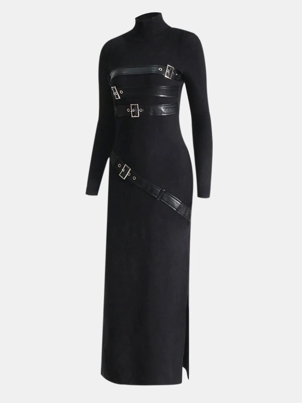 Faux Leather Panel Mock Neck Knit Maxi Dress sold by COMMENSE product image thumbnail 2