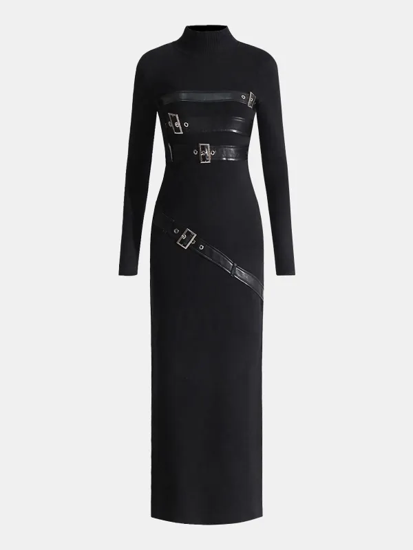 Faux Leather Panel Mock Neck Knit Maxi Dress sold by COMMENSE