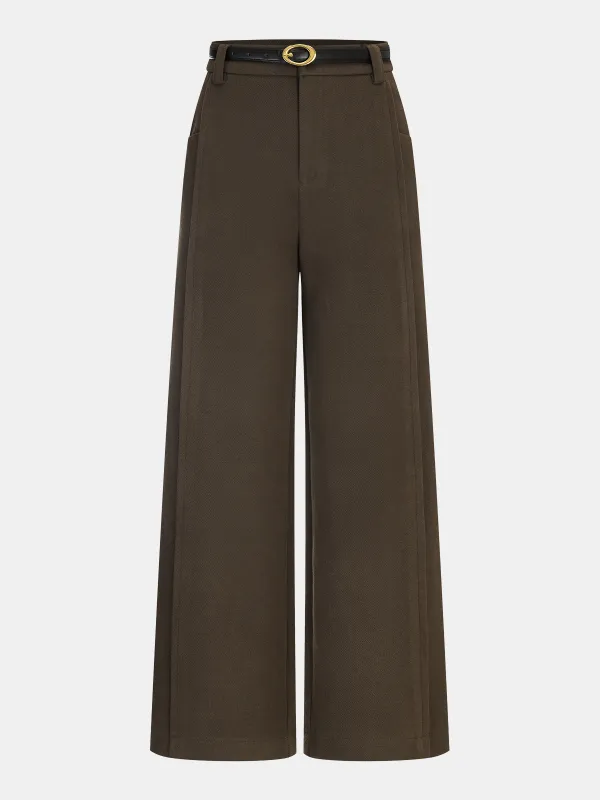 Belted Wool-Blend Straight-Leg Pants sold by COMMENSE