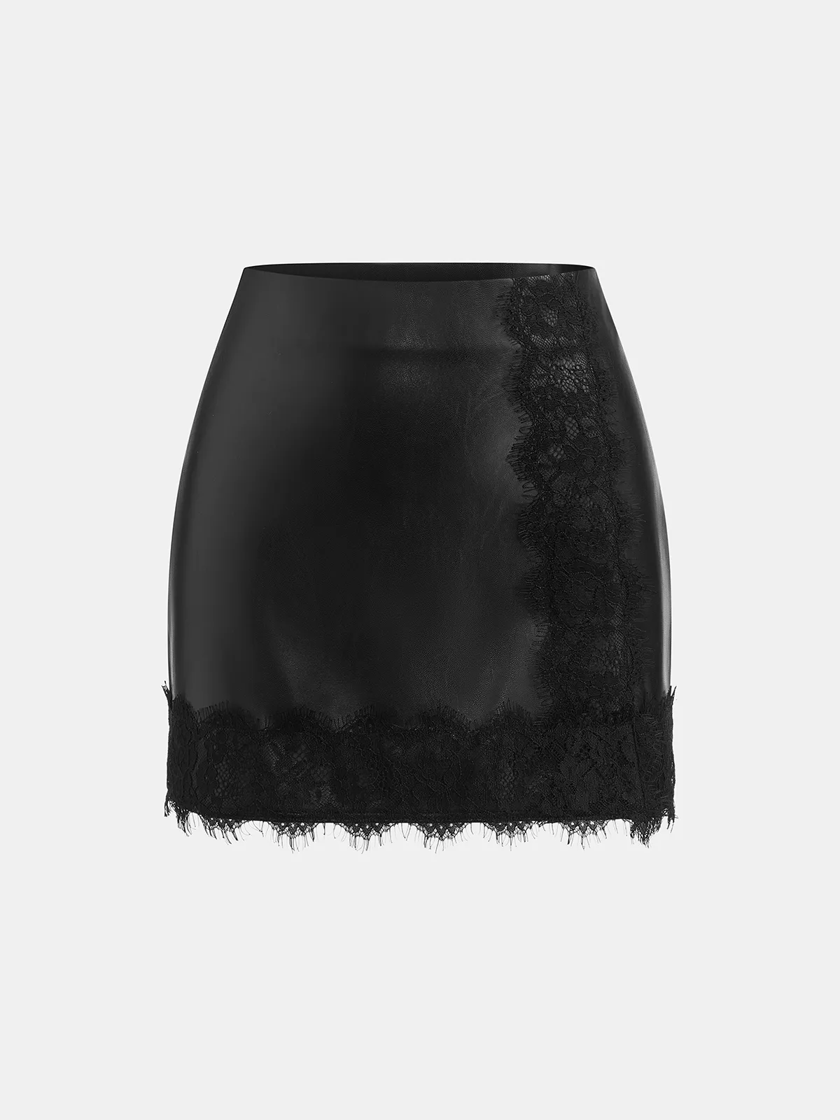 Lace Trim Faux Leather Mini Skirt sold by COMMENSE