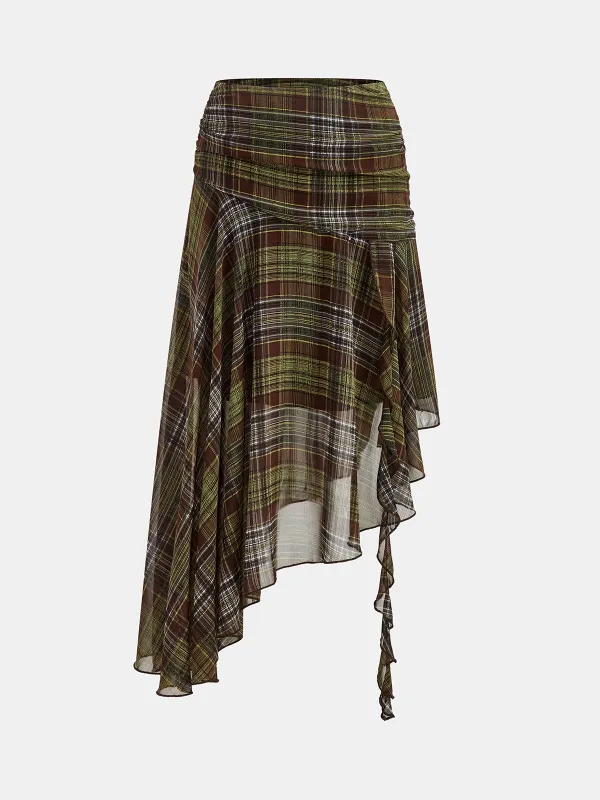 Plaid Chiffon Asymmetric Midi Skirt sold by COMMENSE
