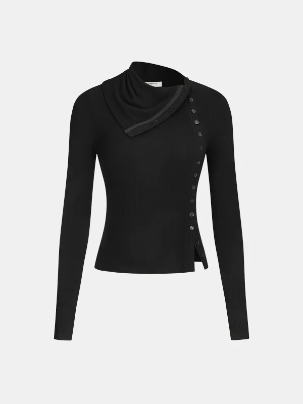 Side Button Asymmetric Lapel Ribbed Knit Top sold by COMMENSE