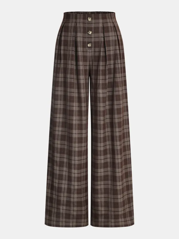 Plaid Wide-Leg Pants with Back Elastic Waist sold by COMMENSE