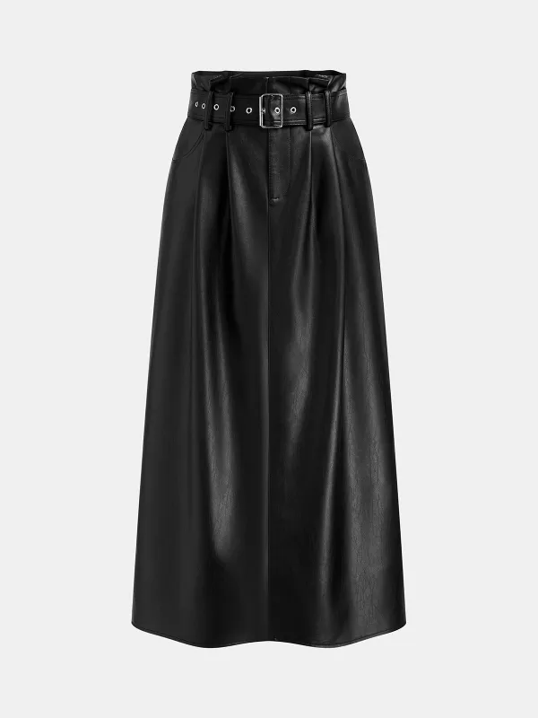 Belted Faux Leather Pleated Waist Maxi Skirt sold by COMMENSE