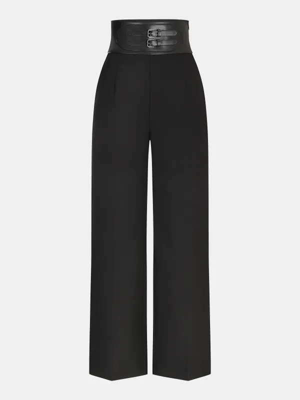 Faux Leather Waistband Straight-Leg Pants sold by COMMENSE