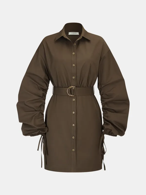 Belted Drawstring Sleeve Shirt Dress sold by COMMENSE