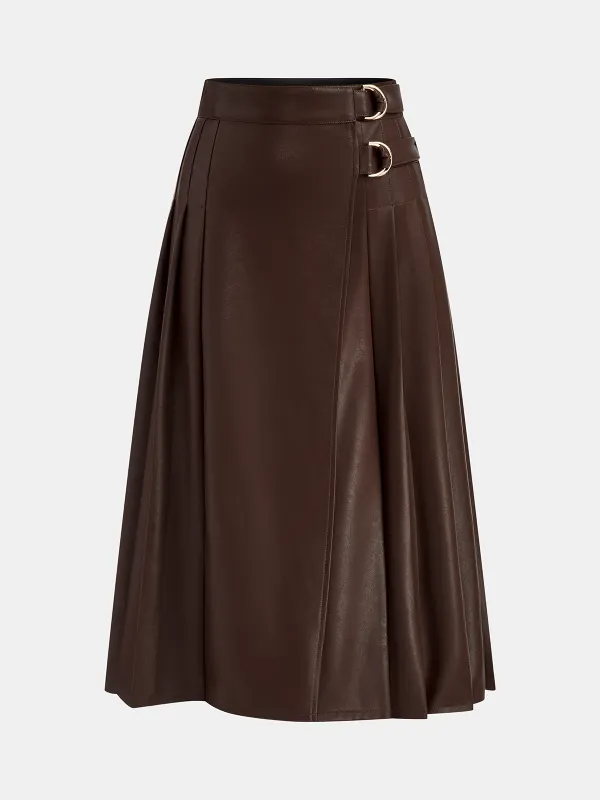 Double Buckle Detail Faux Leather Midi Skirt sold by COMMENSE