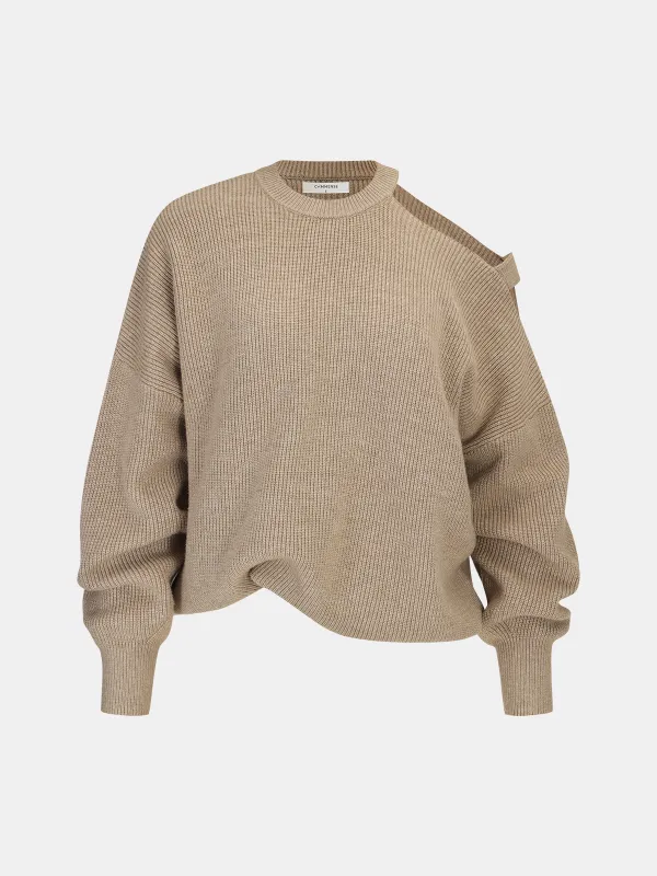 Asymmetric Cut-Out Shoulder Sweater sold by COMMENSE