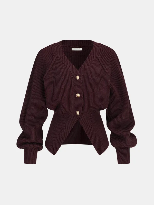 Metal Button Cinched Waist Knit Cardigan sold by COMMENSE