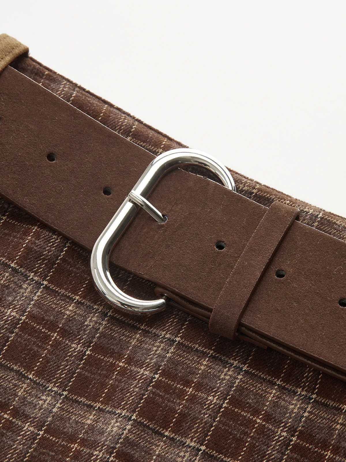 Plaid Panel Suede Effect Midi Skirt with Belt sold by COMMENSE product image thumbnail 4