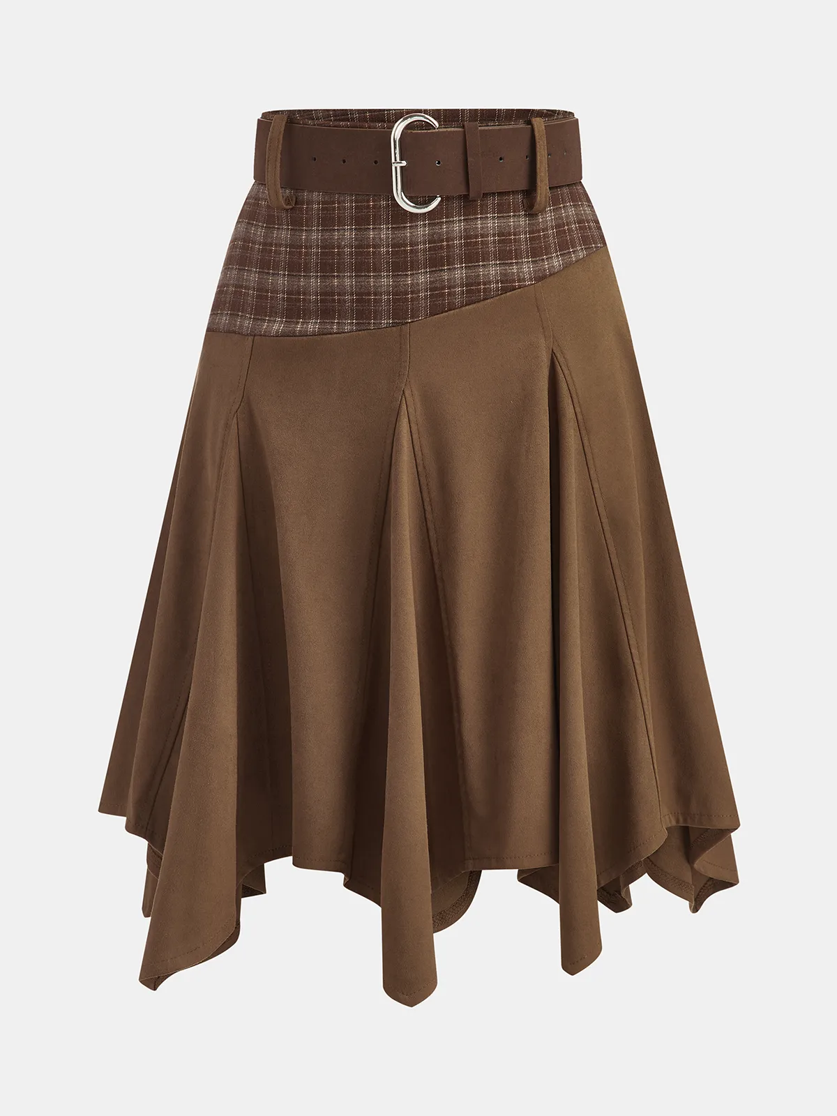 Plaid Panel Suede Effect Midi Skirt with Belt sold by COMMENSE