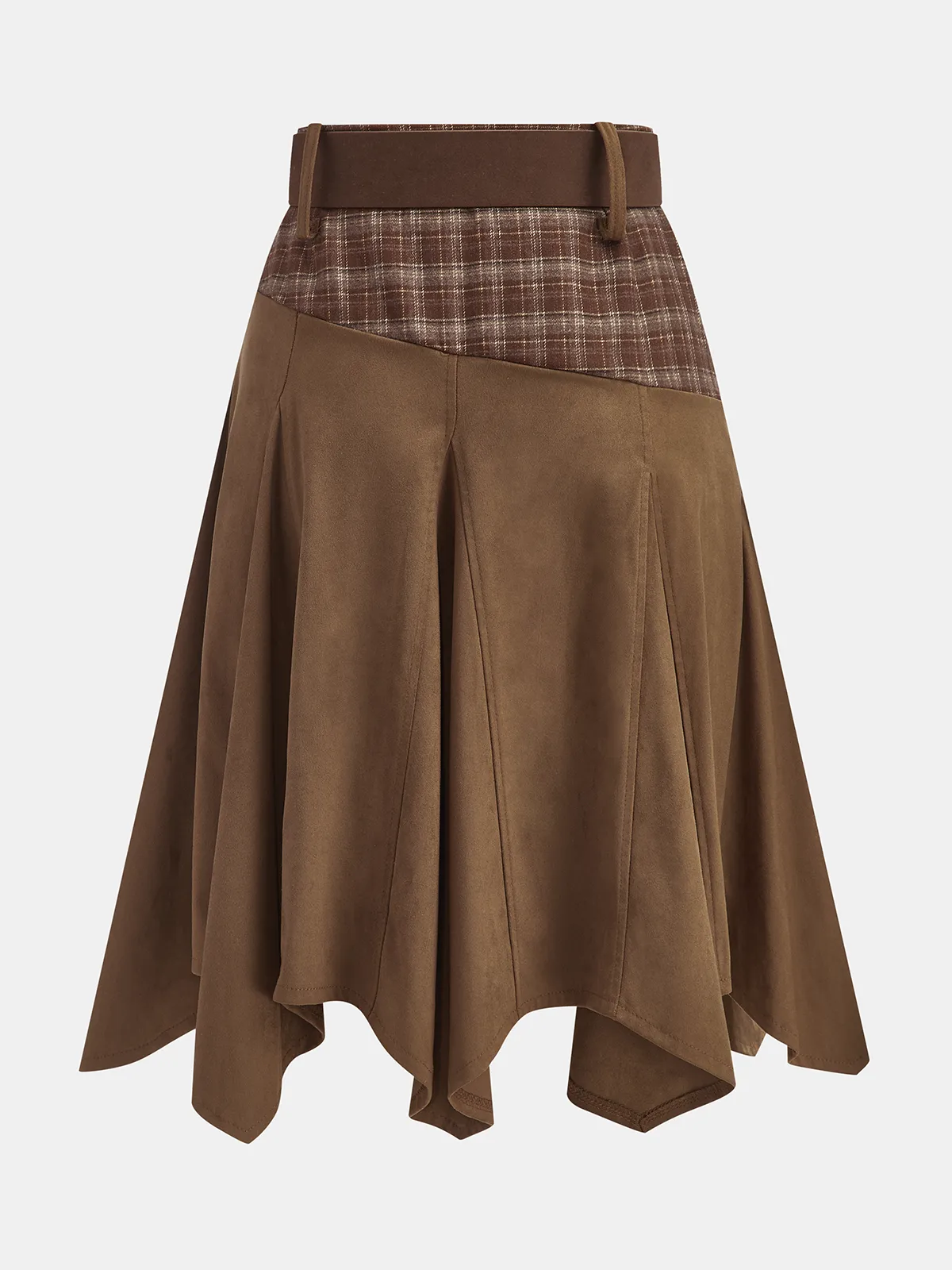 Plaid Panel Suede Effect Midi Skirt with Belt sold by COMMENSE product image thumbnail 2