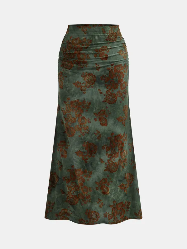 Floral Jacquard Ruched Maxi Skirt sold by COMMENSE