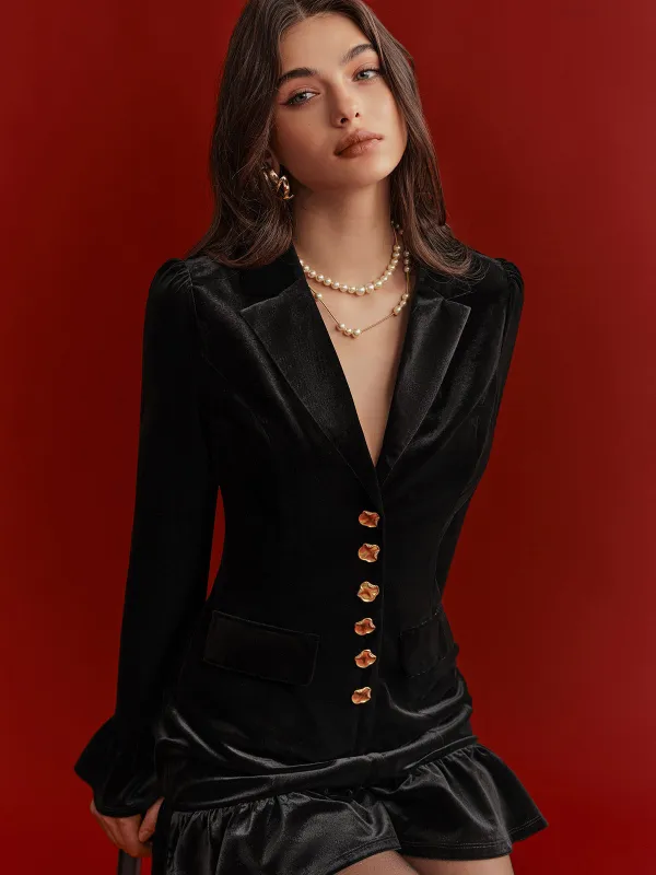 Metal Button Ruffled Hem Velvet Blazer Dress sold by COMMENSE
