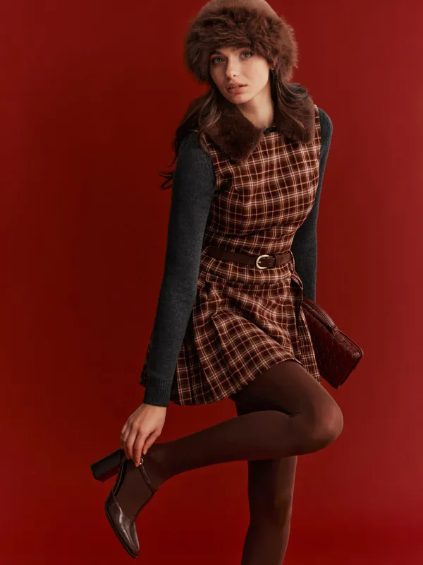 Belted Plaid Sleeveless Mini Dress made by COMMENSE
