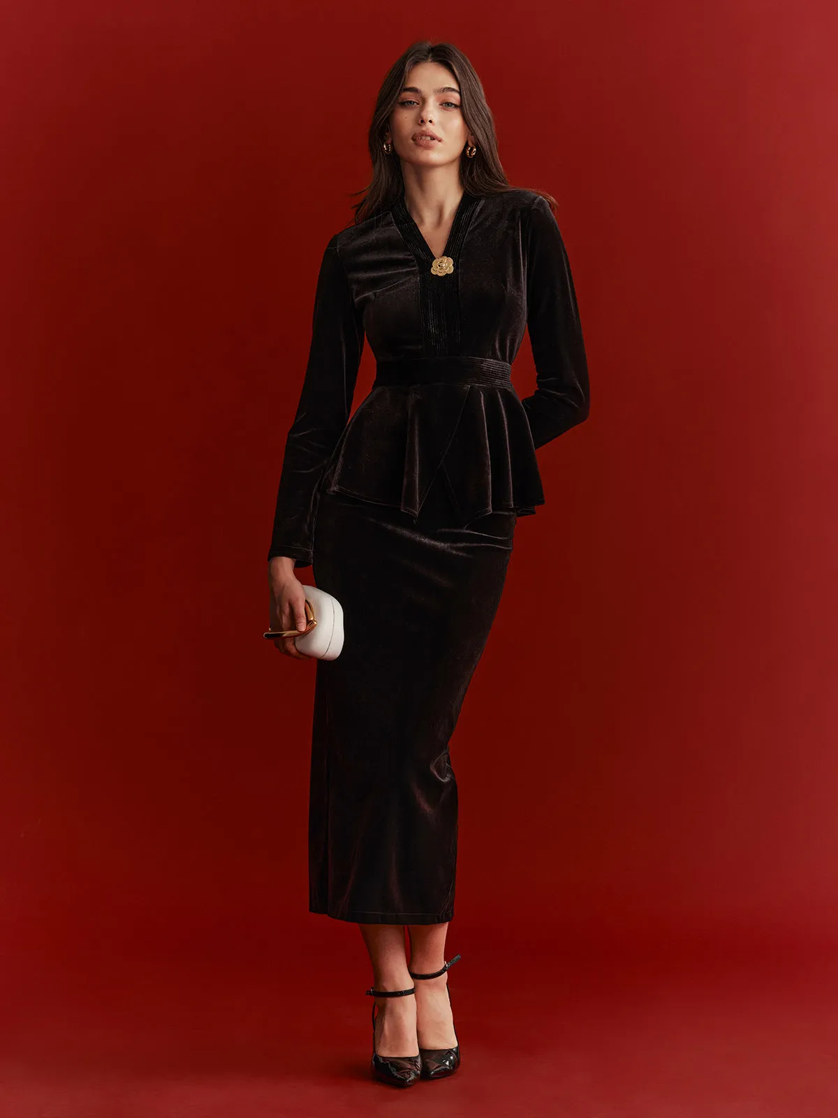 Velvet Peplum Top and Midi Skirt Set sold by COMMENSE product image thumbnail 2