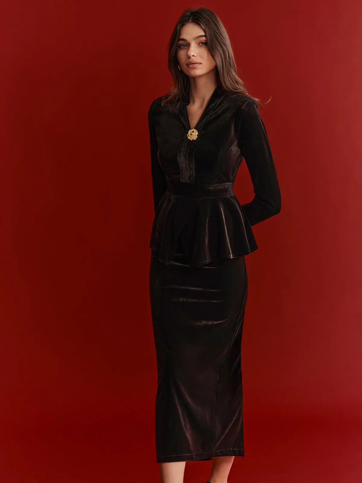 Velvet Peplum Top and Midi Skirt Set sold by COMMENSE product image thumbnail 3