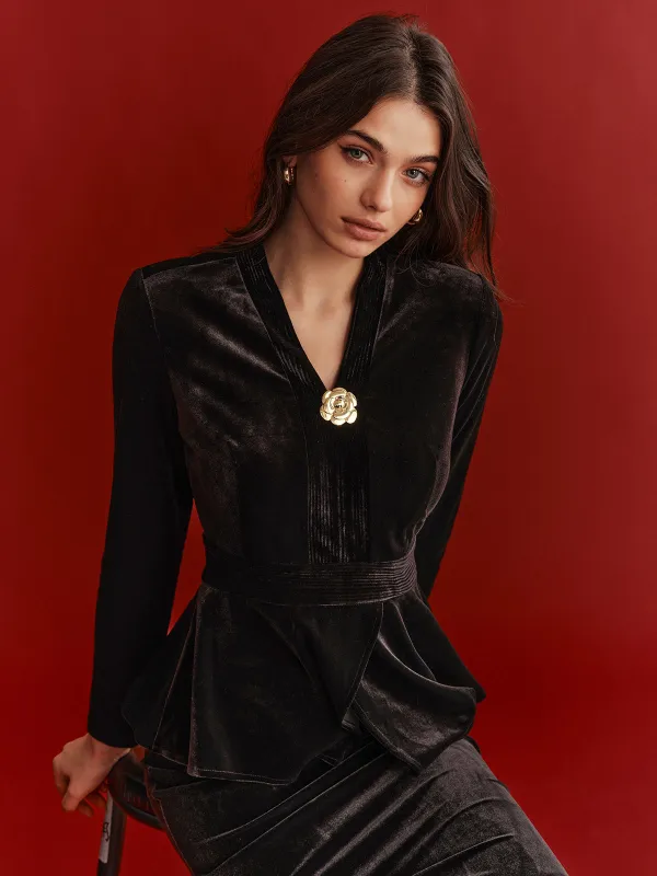 Velvet Peplum Top and Midi Skirt Set made by COMMENSE