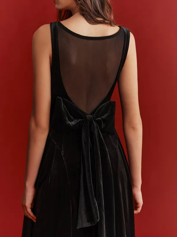 Mesh Back Bow Detail Velvet Maxi Dress sold by COMMENSE