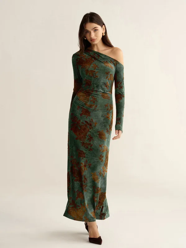 Floral Jacquard One-Shoulder Maxi Dress sold by COMMENSE