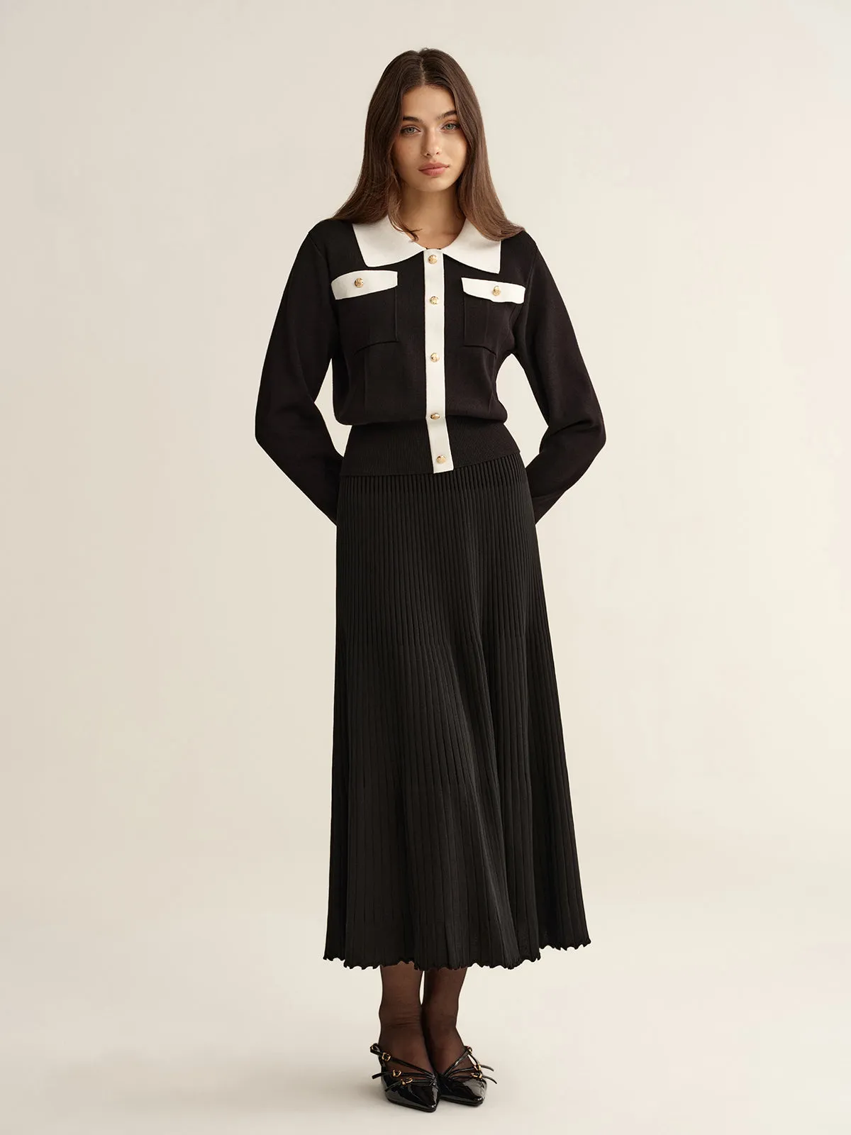 Contrast Trim Knit Top and Pleated Skirt Set sold by COMMENSE product image thumbnail 3
