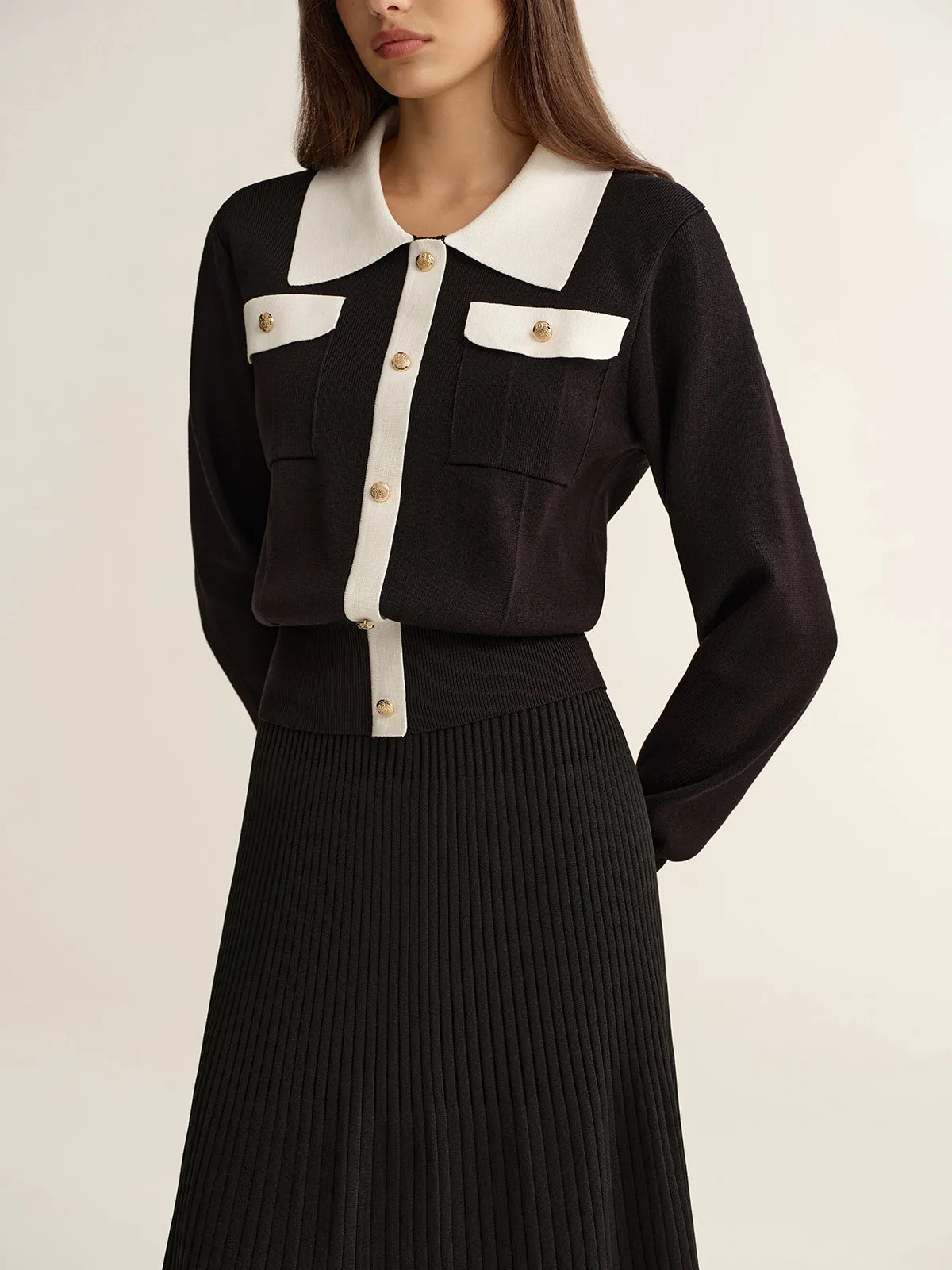 Contrast Trim Knit Top and Pleated Skirt Set sold by COMMENSE product image thumbnail 4