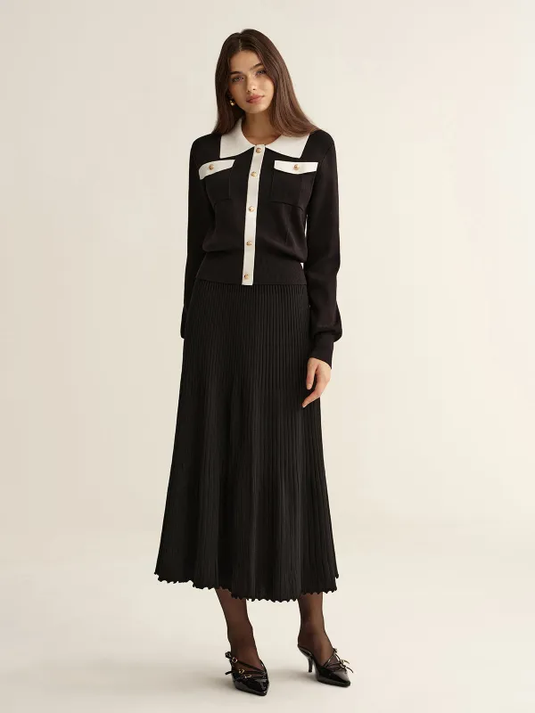 Contrast Trim Knit Top and Pleated Skirt Set sold by COMMENSE