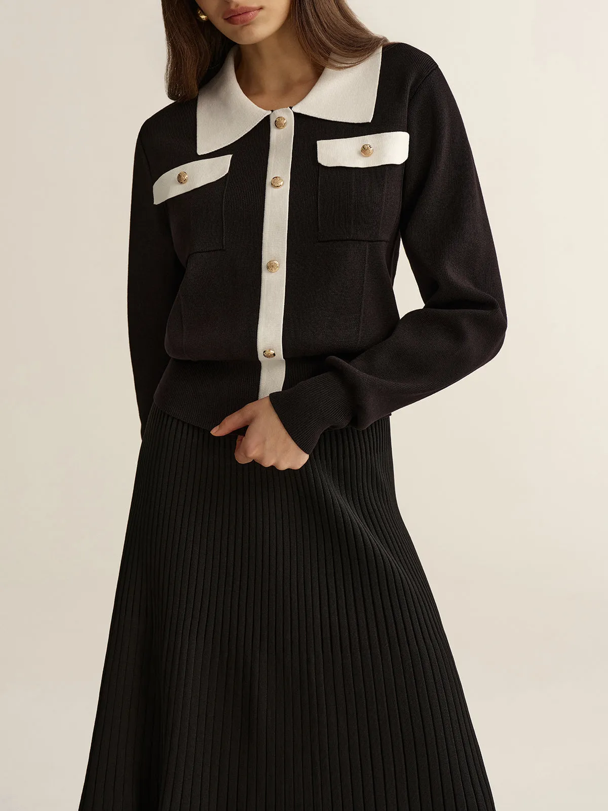 Contrast Trim Knit Top and Pleated Skirt Set sold by COMMENSE product image thumbnail 2