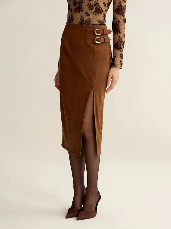 Buckle Detail Side Slit Suede Effect Maxi Skirt sold by COMMENSE
