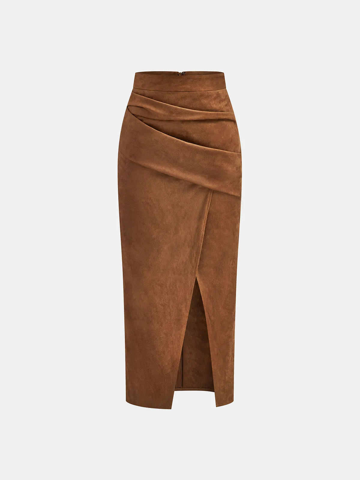 Draped Slit Suede Effect Midi Skirt sold by COMMENSE