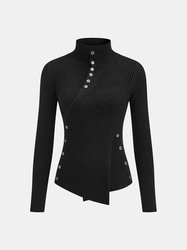 Stand Collar Asymmetric Button Ribbed Knit Top sold by COMMENSE