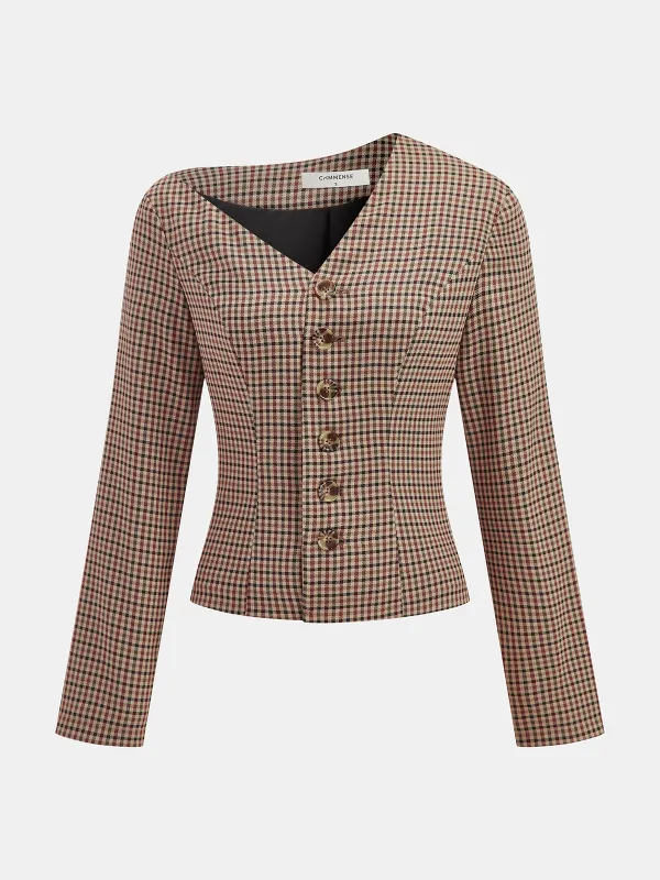 Asymmetric Neckline Plaid Jacket sold by COMMENSE
