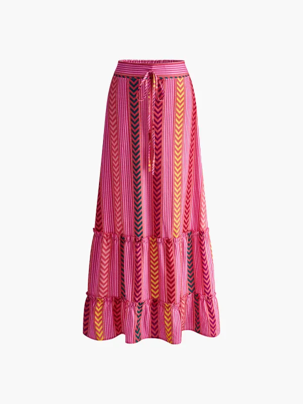 Boho Printed Drawstring Ruffle Skirt sold by COMMENSE