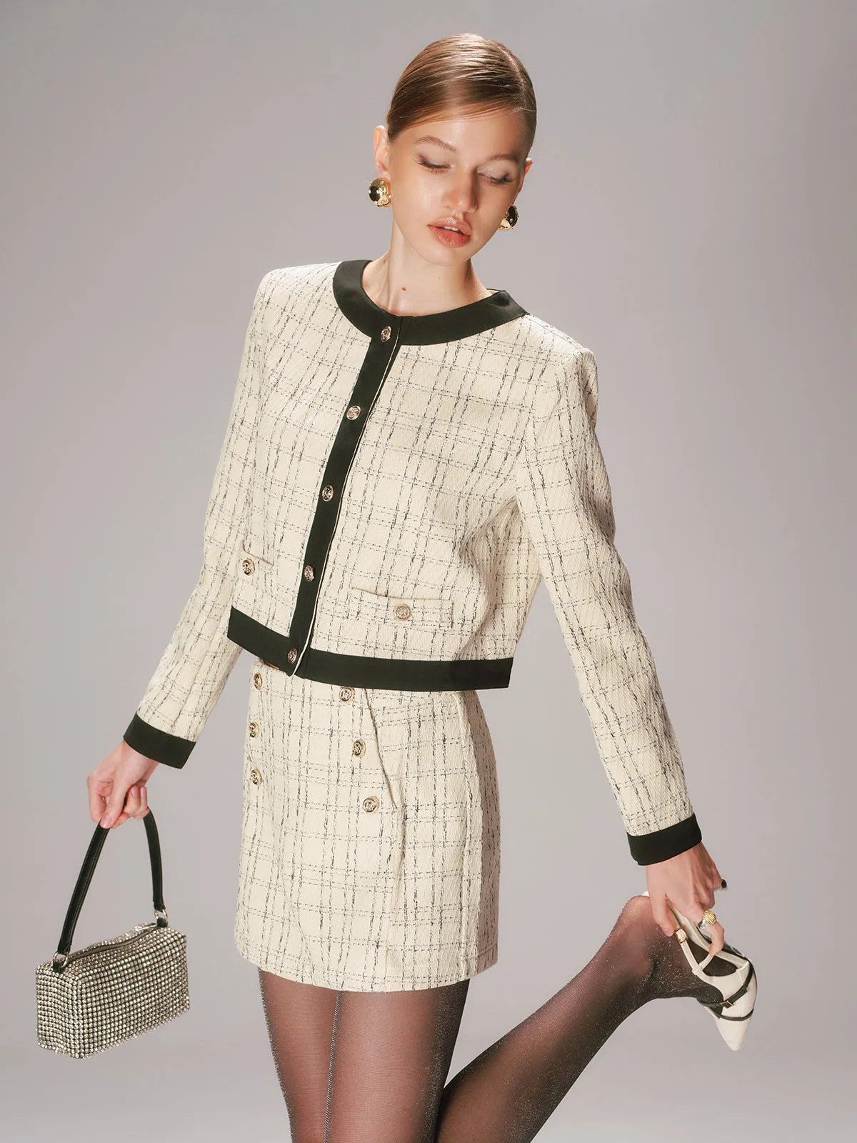 Contrast Trim Tweed Jacket and Shorts Set sold by COMMENSE product image thumbnail 2