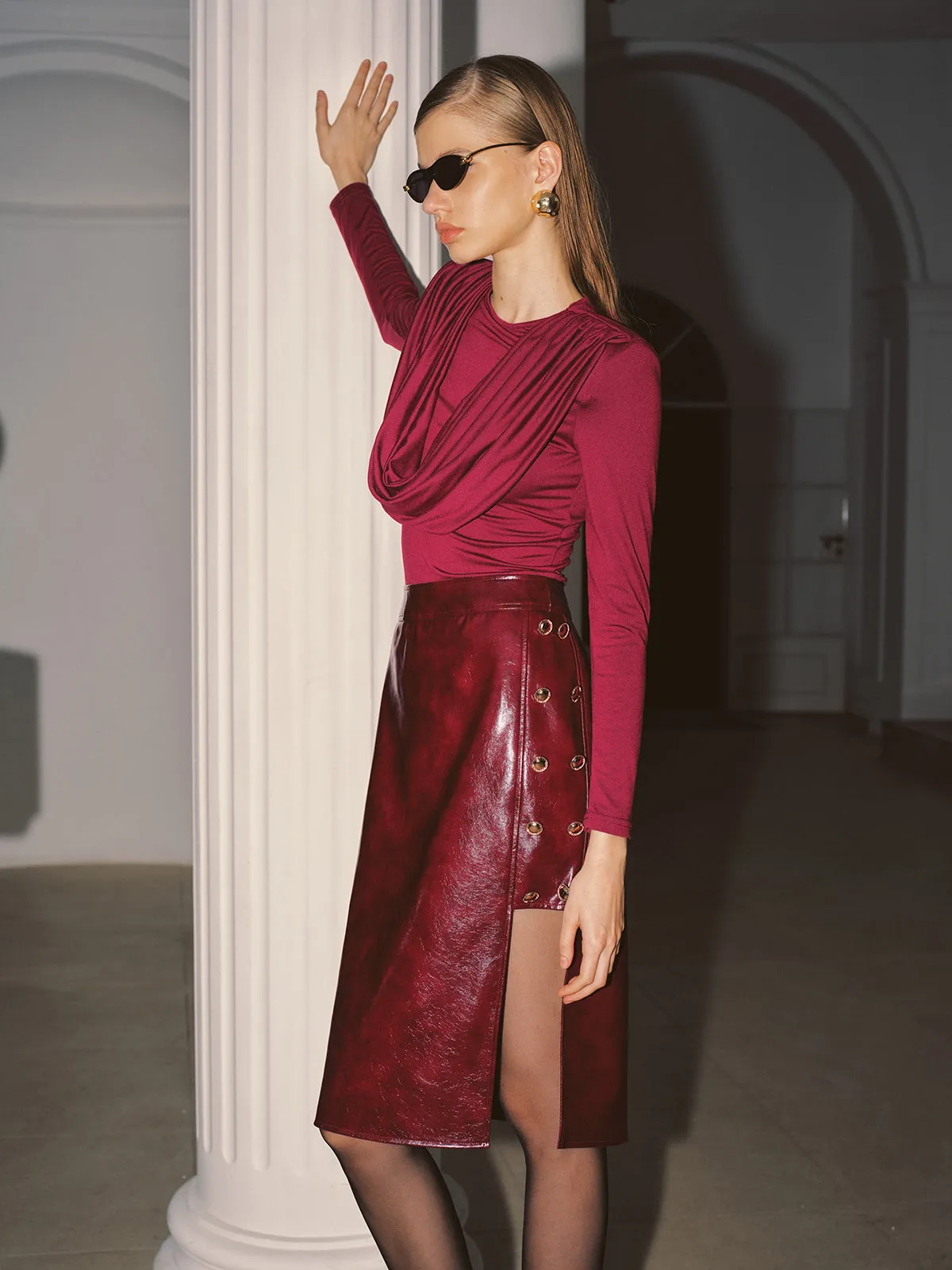Metal Detail Side Slit Faux Leather Midi Skirt sold by COMMENSE product image thumbnail 5