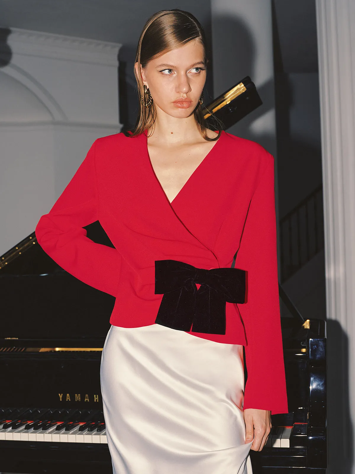 V-Neck Wrap Bow Waist Blazer sold by COMMENSE product image thumbnail 2