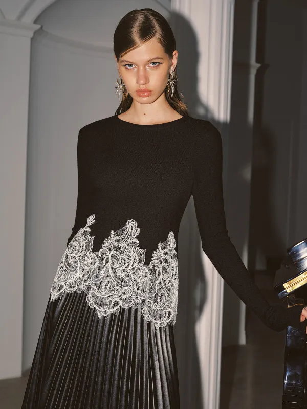 Contrast Lace Hem Knit Top sold by COMMENSE