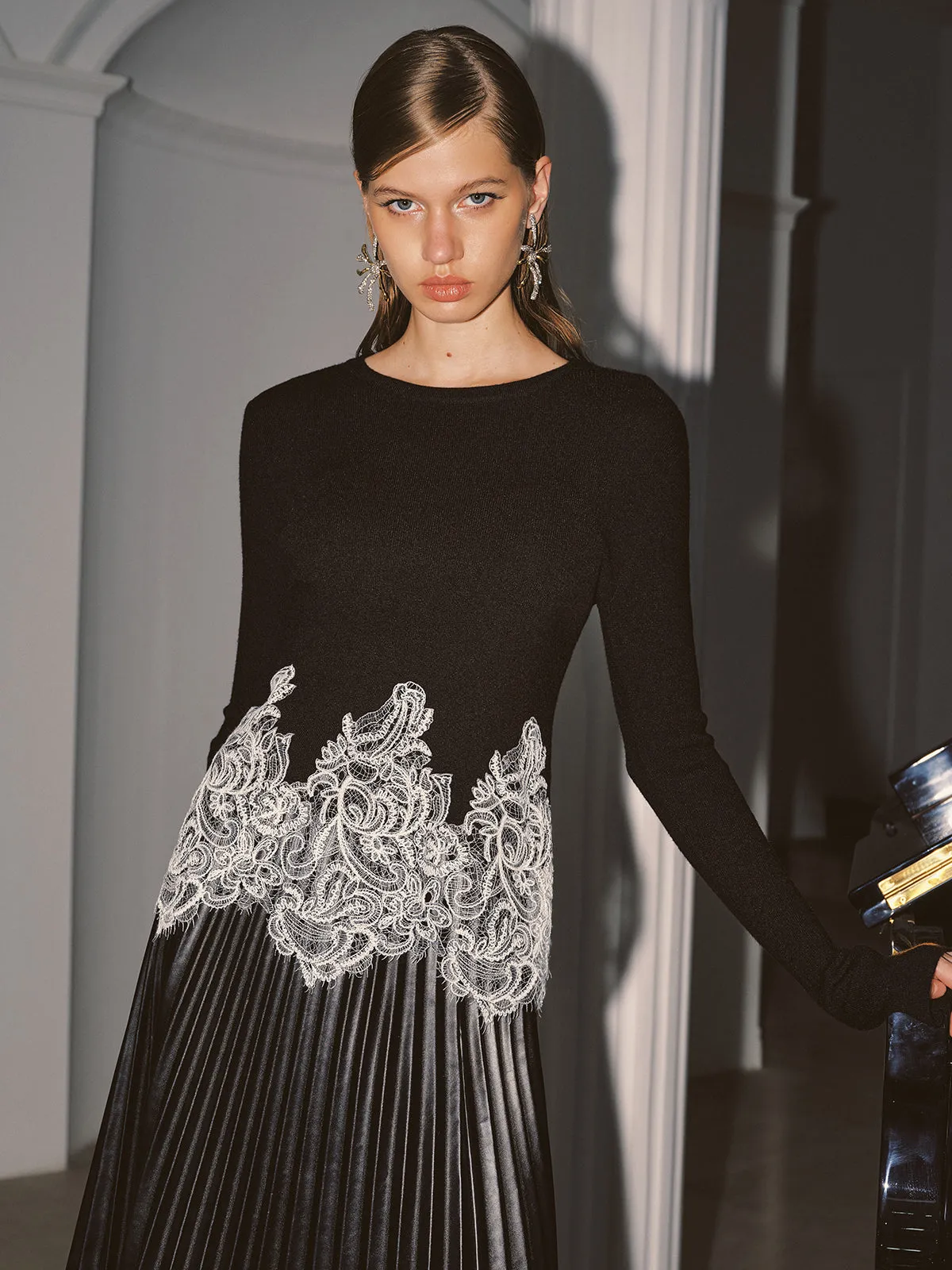 Contrast Lace Hem Knit Top sold by COMMENSE