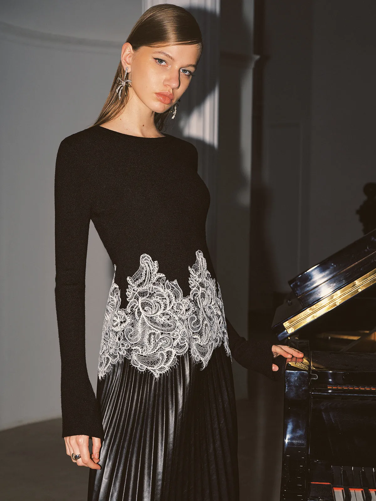 Contrast Lace Hem Knit Top sold by COMMENSE product image thumbnail 3