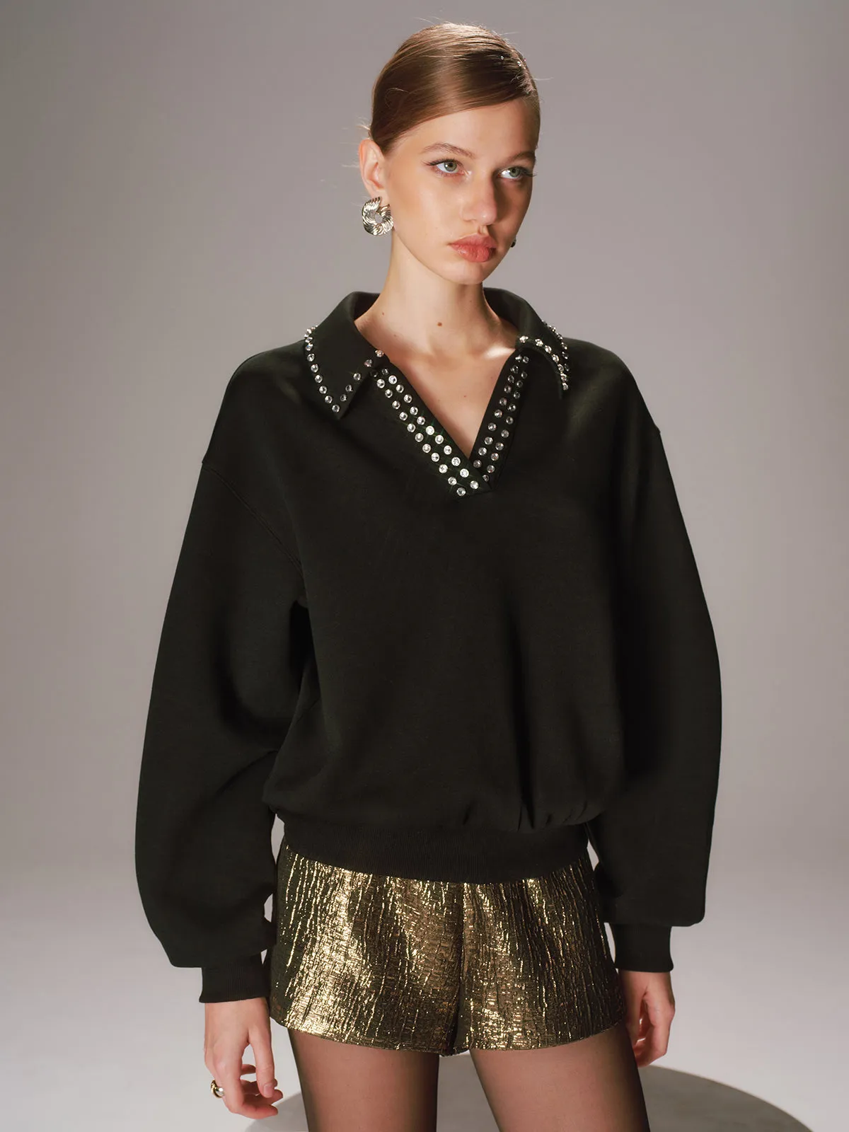 Rhinestone Collar Long-Sleeve Sweatshirt sold by COMMENSE product image thumbnail 5