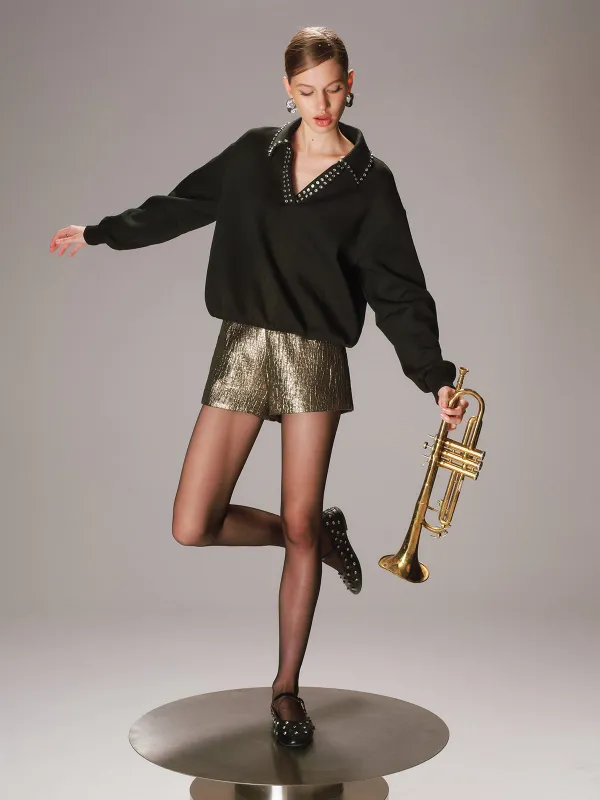 Rhinestone Collar Long-Sleeve Sweatshirt sold by COMMENSE