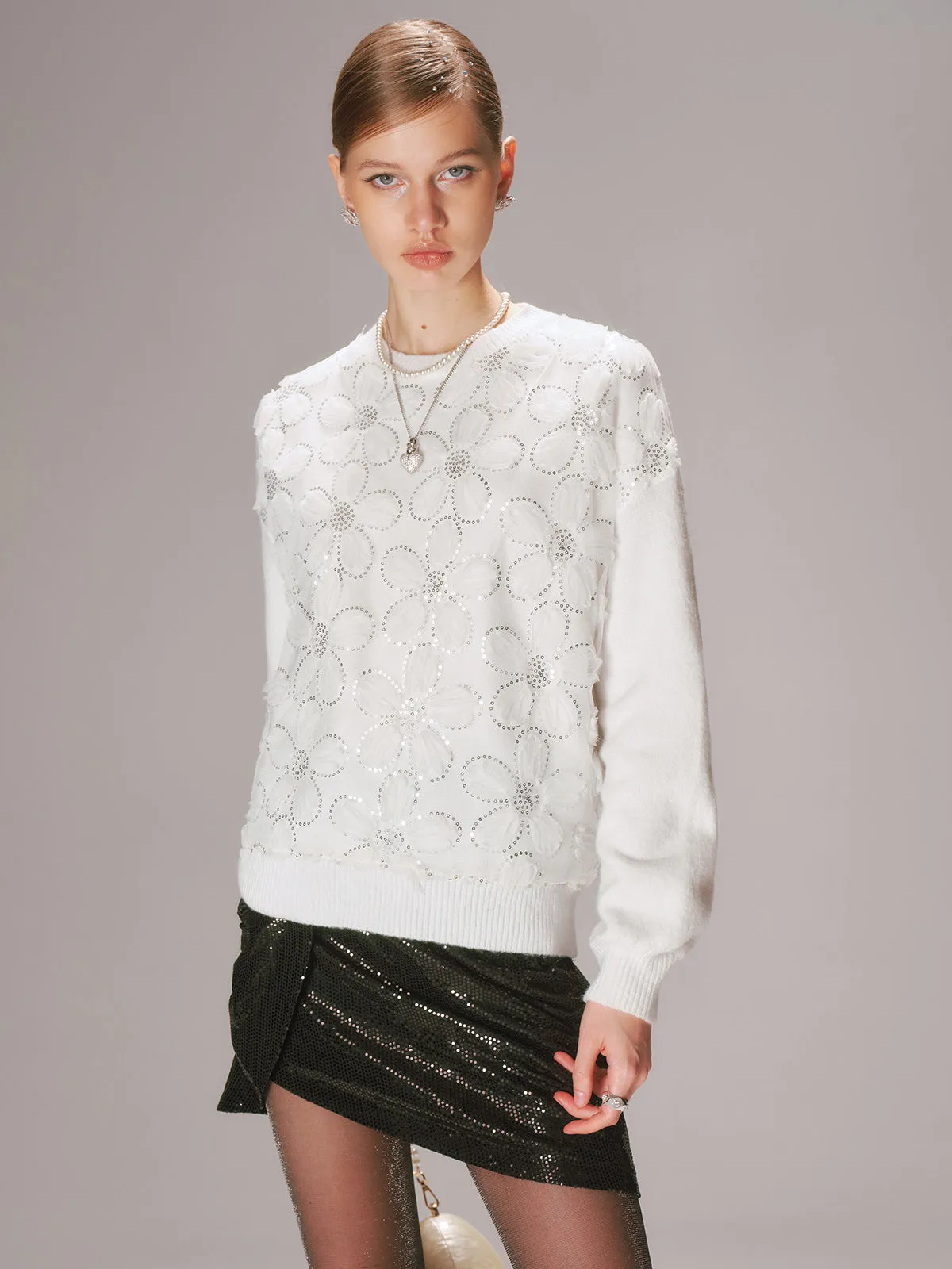 Floral Sequin Mesh Detail Sweater sold by COMMENSE product image thumbnail 5