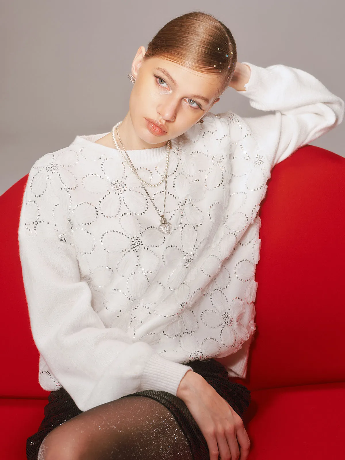 Floral Sequin Mesh Detail Sweater sold by COMMENSE product image thumbnail 3