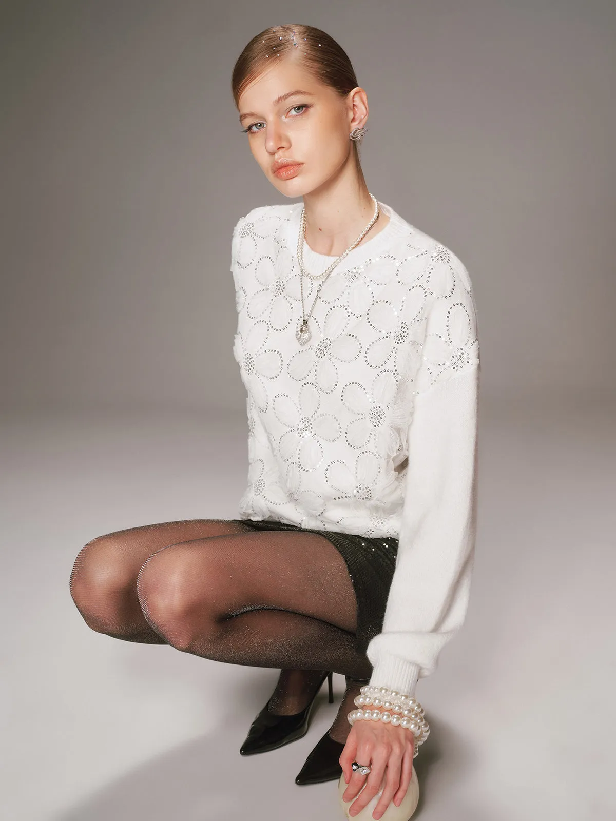 Floral Sequin Mesh Detail Sweater sold by COMMENSE