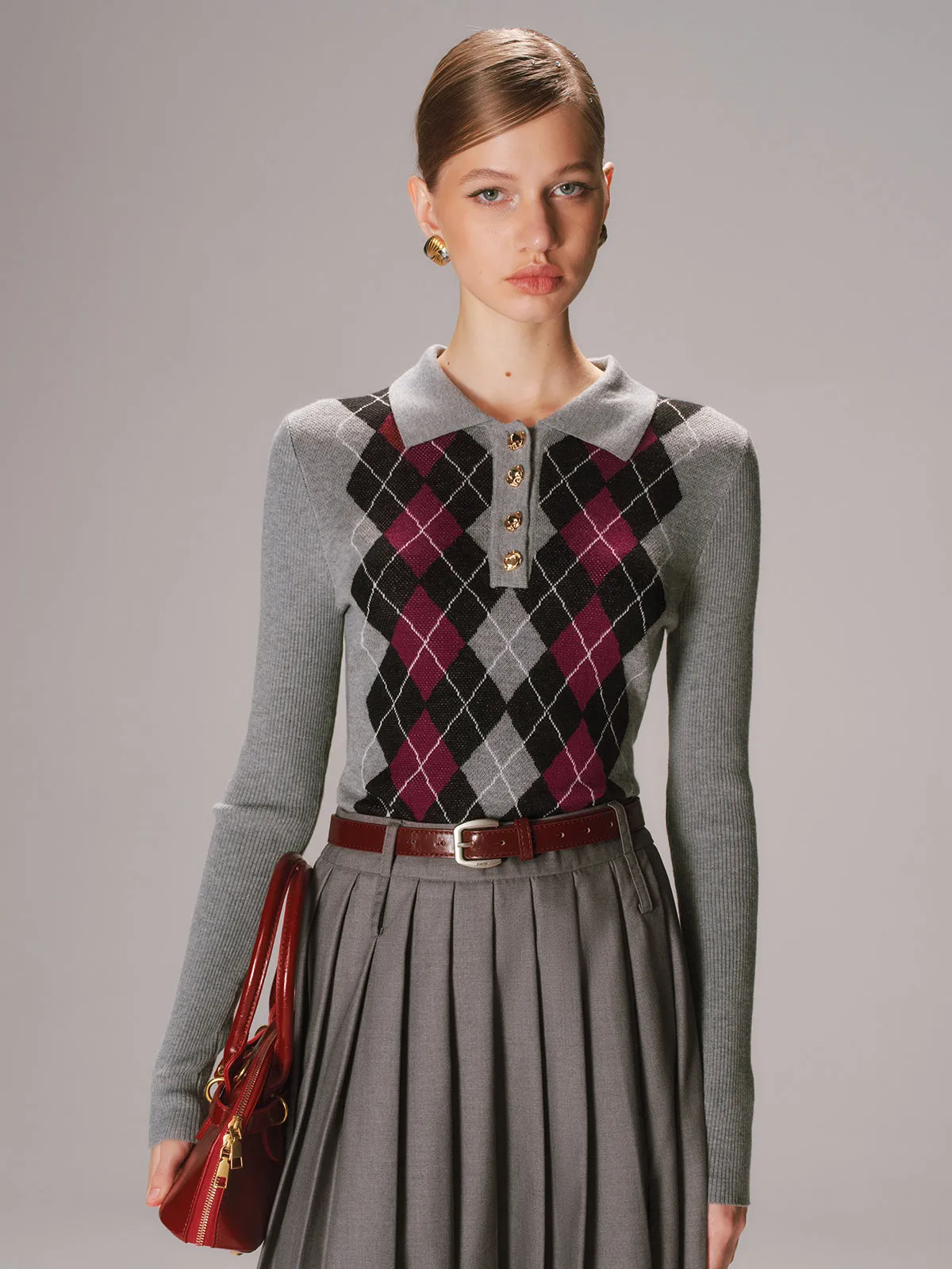 Argyle Wool-Blend Polo Knit Top sold by COMMENSE product image thumbnail 3