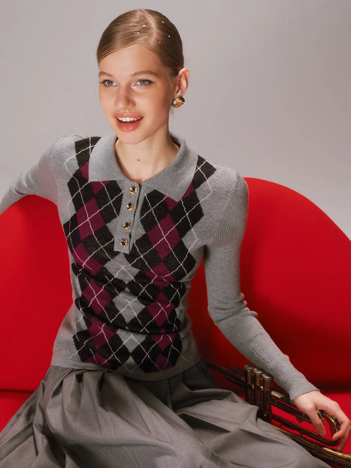 Argyle Wool-Blend Polo Knit Top sold by COMMENSE