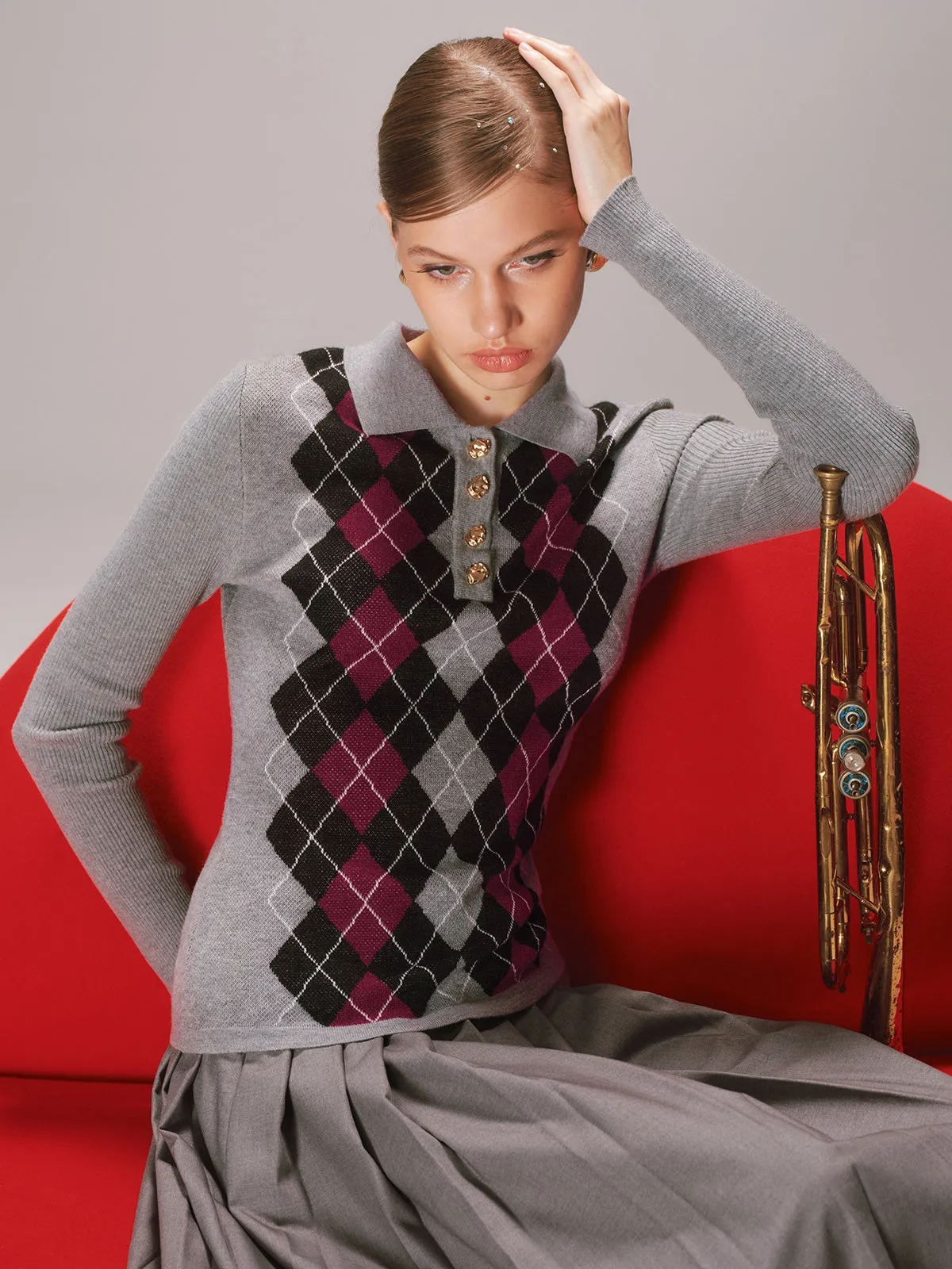 Argyle Wool-Blend Polo Knit Top sold by COMMENSE product image thumbnail 5